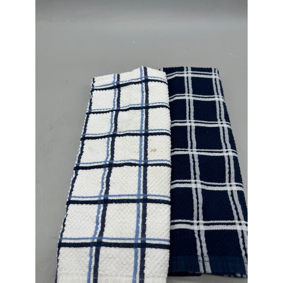 Plaid Kitchen Dish Towels Set Of 2 - Navy Blue & White Cotton Polyester READ - Picture 2 of 9